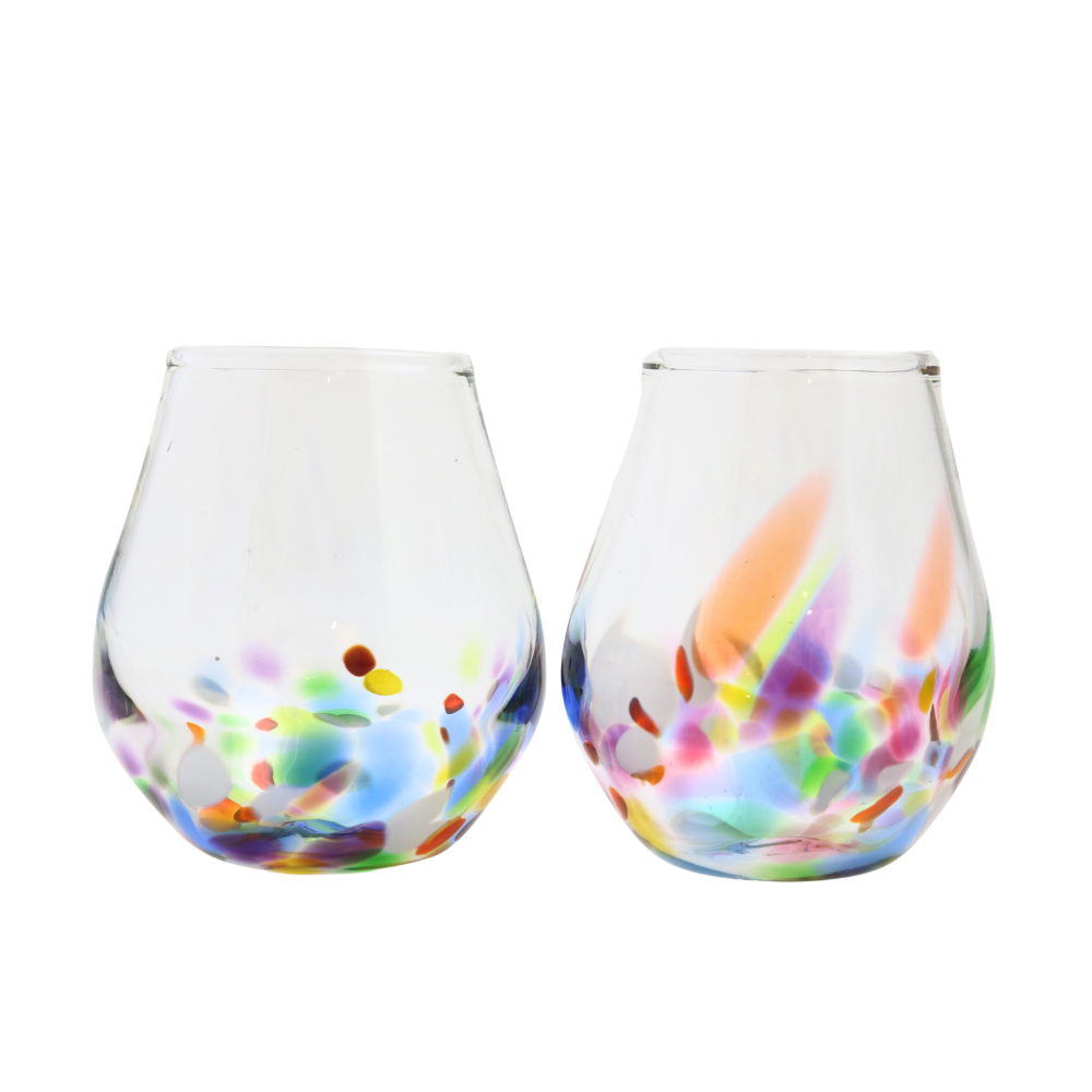 Two stemless wine glasses with colourful bottoms