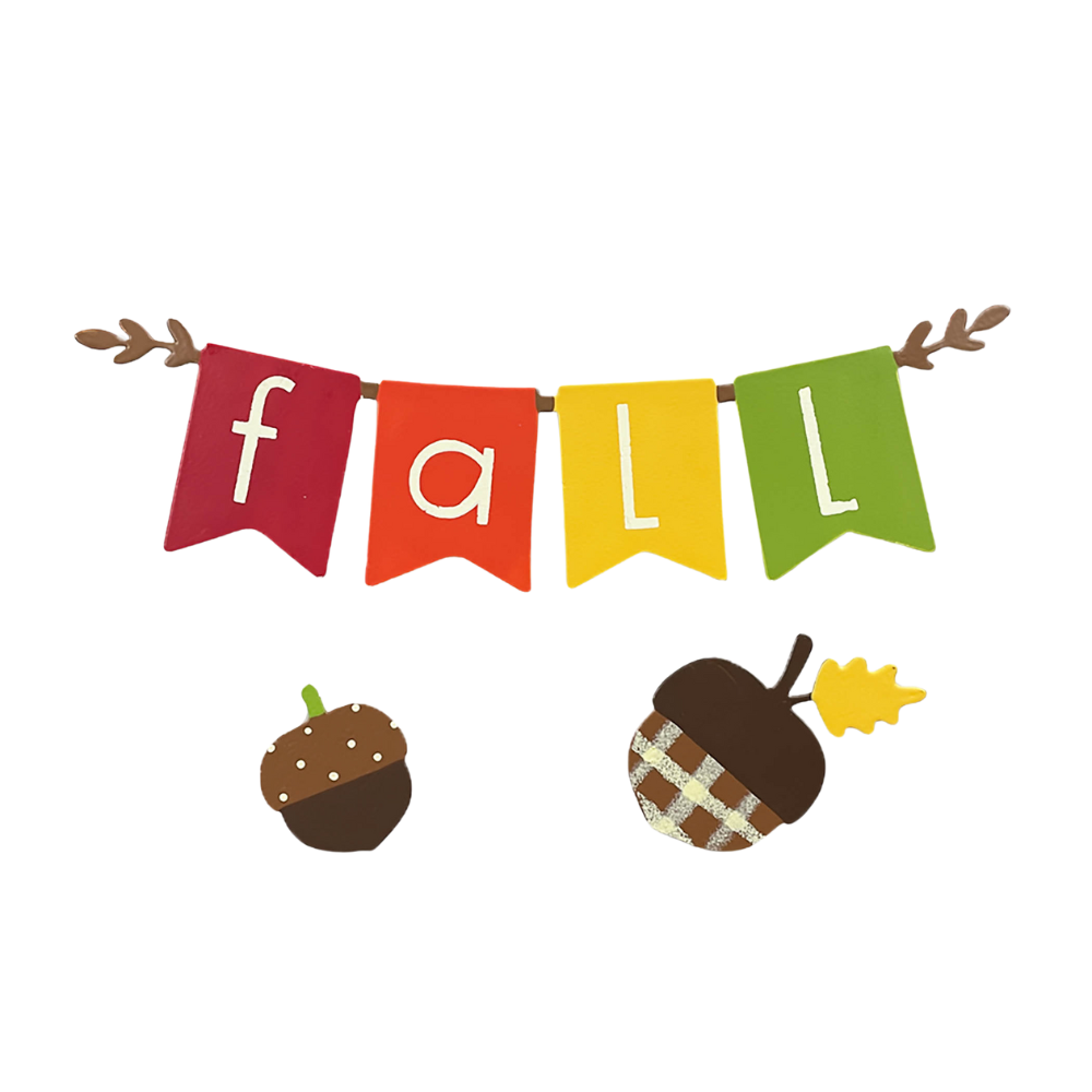 "Fall" Banner Magnet with two acorn magnets on a transparent background.