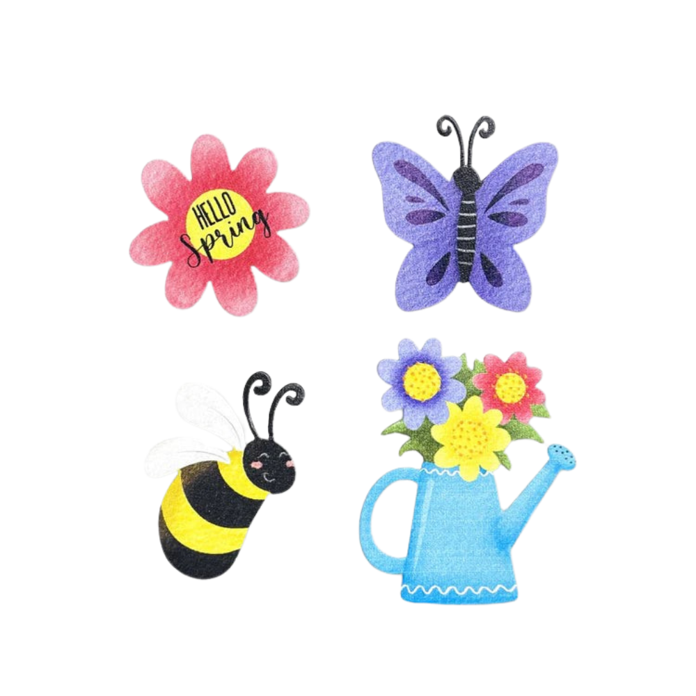 Set if four magnets with a pink and yellow flower magnet. purple butterfly magnet, bee magnet and watering can with flowers magnet.