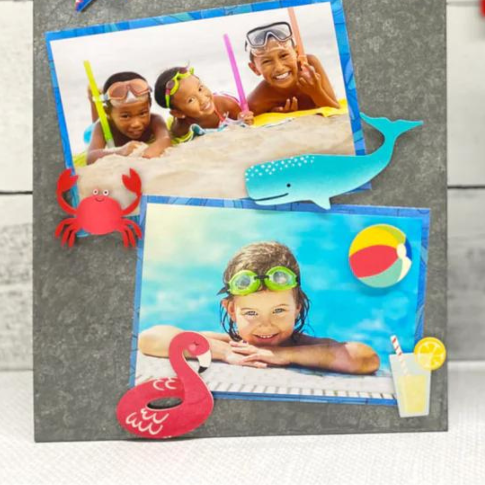 A steel memo board with summer photos, decorated with summer magnets. 