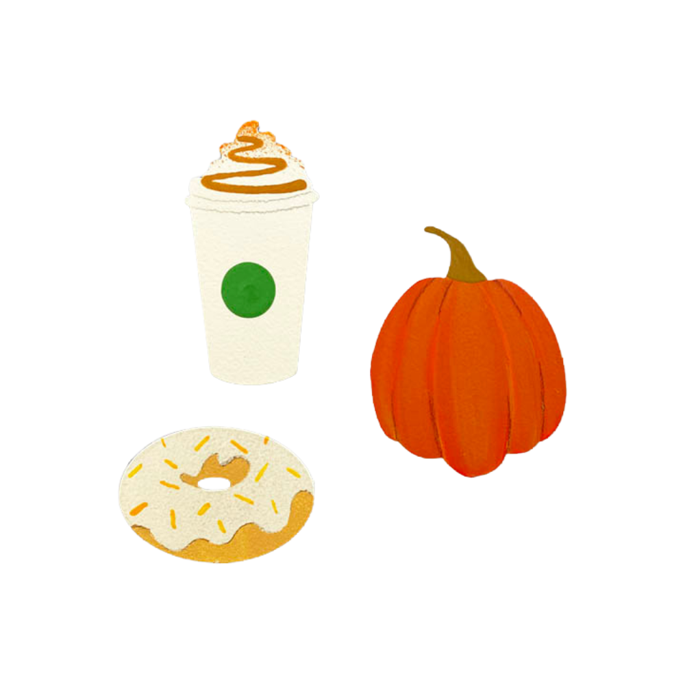 Pumpkin Spice Latte cup magnet, pumpkin magnet and donut magnet on a transparent background. 