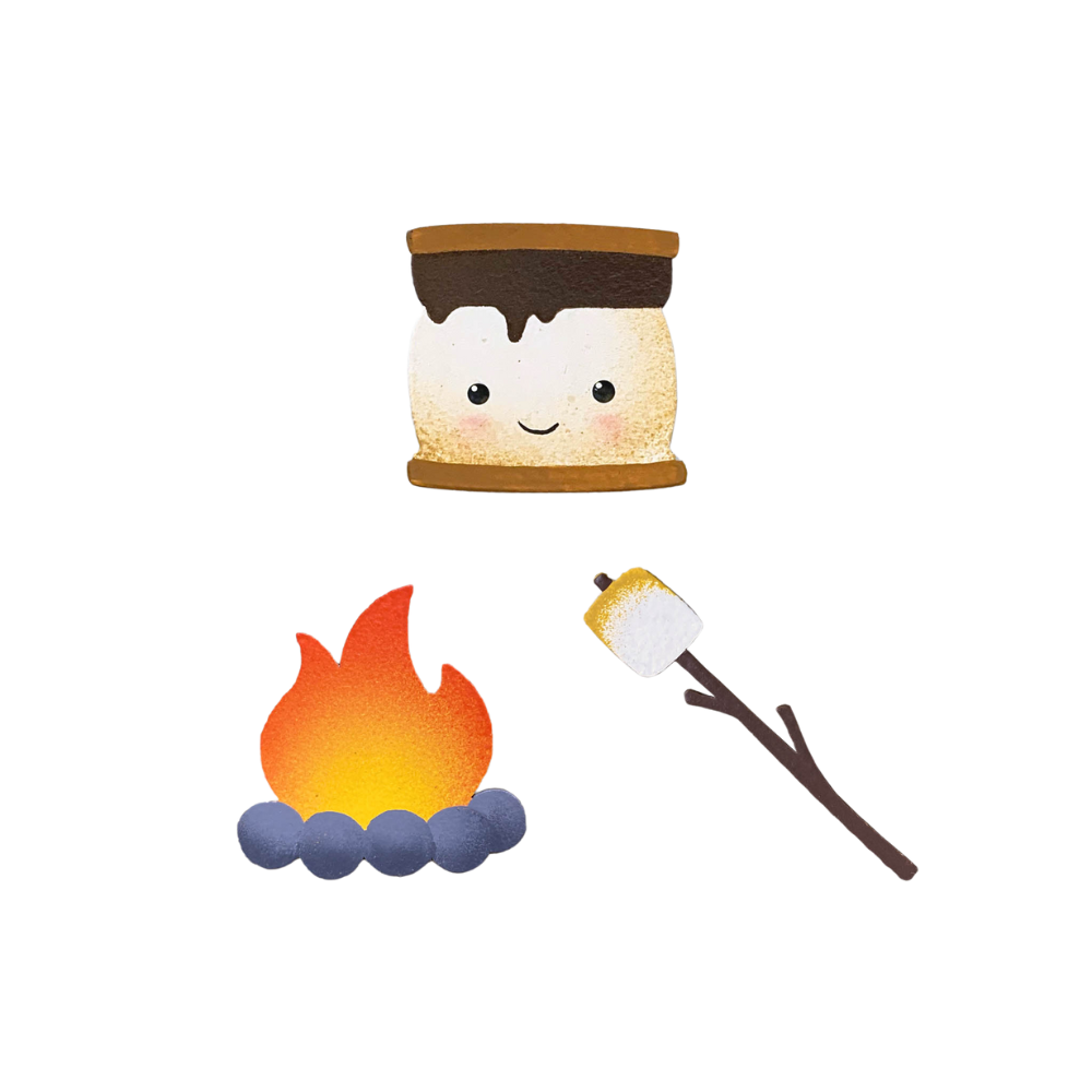 Three magnets including a s'more, fire and marshmallow on a stick on a transparent background. 