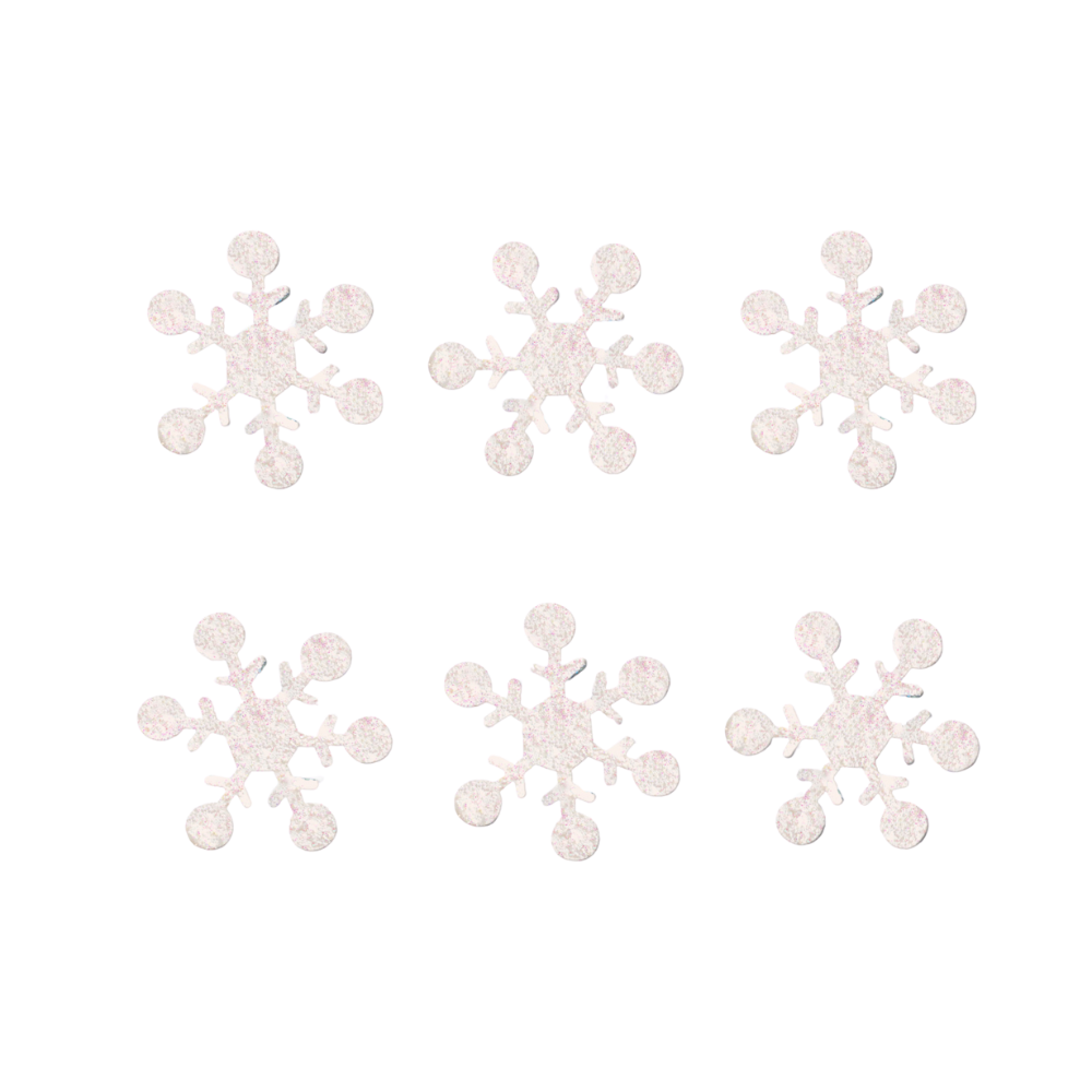 Six white snowflakes on a transparent background