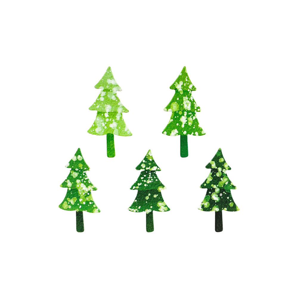 Five winter evergreen trees on a transparent background. 