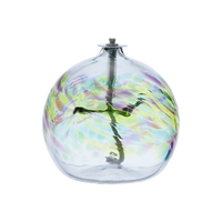 Flat-bottomed glass orb with a wick with purple, green, blue coloured glass around the middle and horizontal webbing on a transparent background.