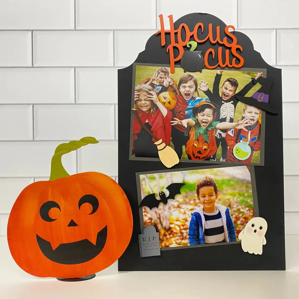 Ornate Bent Easel with Halloween-themed magnets and photos. 