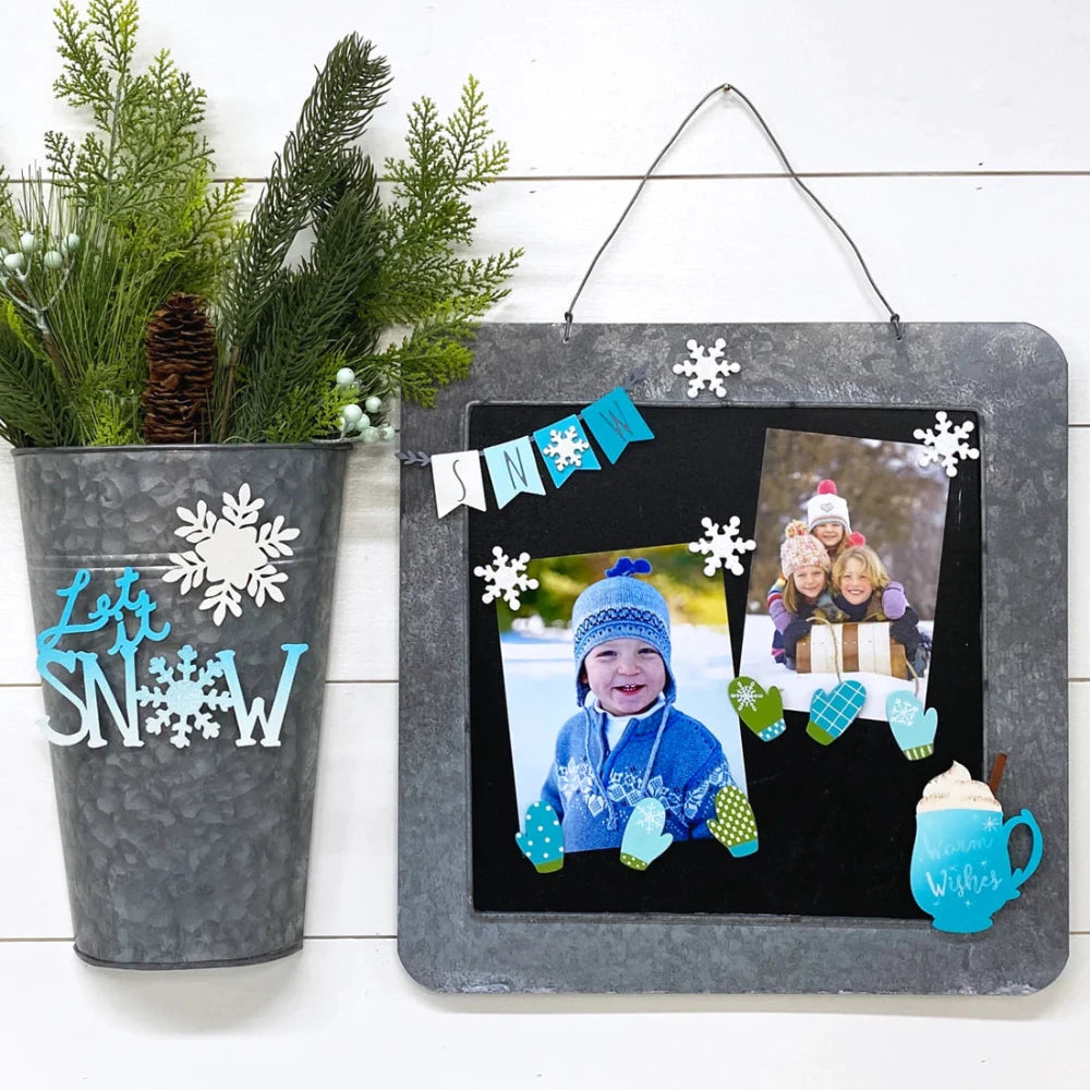 Metal Memo Board with pictures, mitten magnets and snow magnets